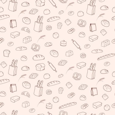 Beyaz arka planda ekmeksiz ve pastasız desen. El çizimi ve karalama tarzı.