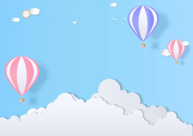 Pastel sıcak hava balonu ve mavi gökyüzü arka planında fotokopi alanı olan bir bulut. Kağıt sanatı tarzı.