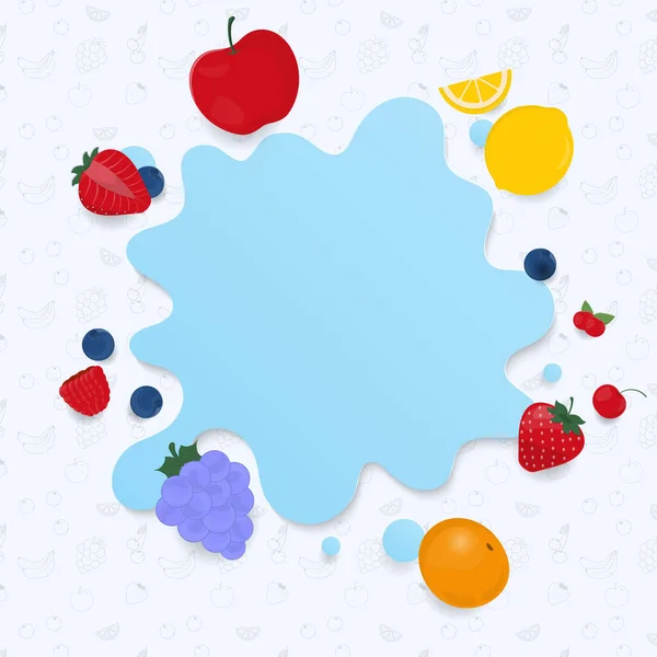 Vruchtbanner Concept Water Splash Met Aardbeien Kersen Druiven Bosbessen Appel — Stockvector