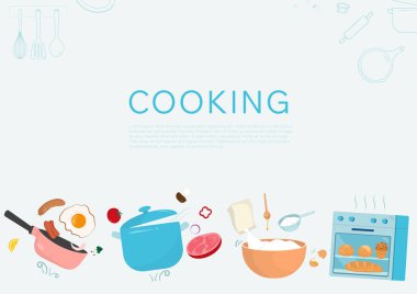 Yemek pişirme konsepti. Mutfak gereçleri ve malzemelerle yemek pişirmek ve fırın yapmak.