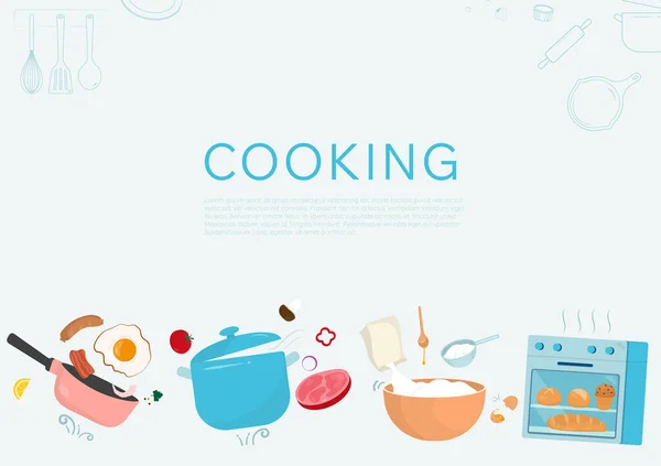 Kochen Hintergrundkonzept Kochen Und Backen Von Lebensmitteln Mit Küchenutensilien Und — Stockvektor