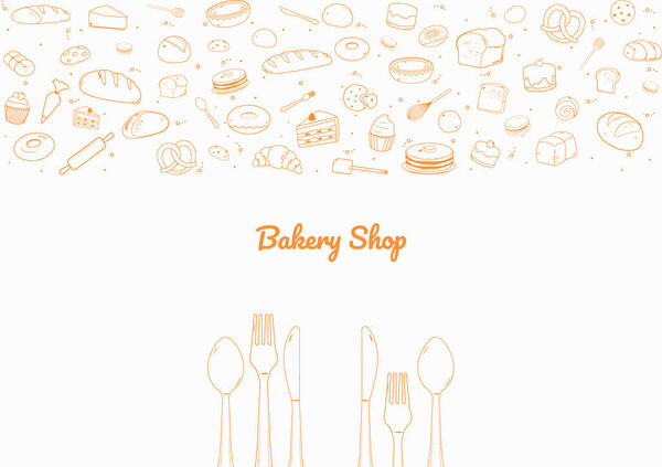 Кондитерские и хлебобулочные изделия с иконками столовых приборов и текстов. Ручной рисунок и каракули.