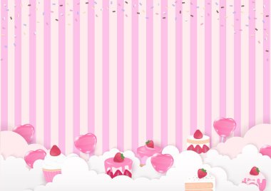 Heart candy and strawberry cake on a cloud with sugar sprinkles and a striped background. Paper art style. clipart