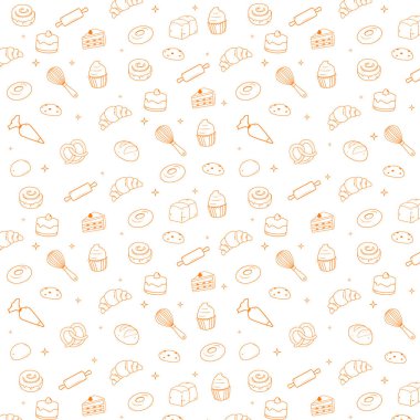 Fırın deseni. Fırın ve fırın aletleri beyaz arkaplandaki ana hatları simgeliyor. Elle çizilmiş biçim.