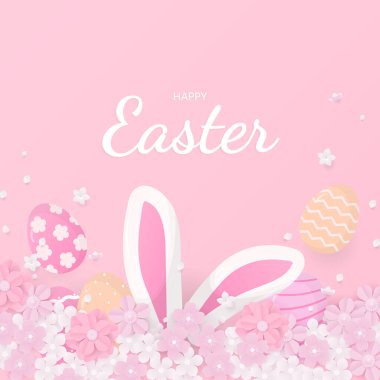 Paskalya bayrağınız kutlu olsun. Kiraz çiçeklerine gizlenmiş tavşan ve pembe arka planda paskalya yumurtaları..