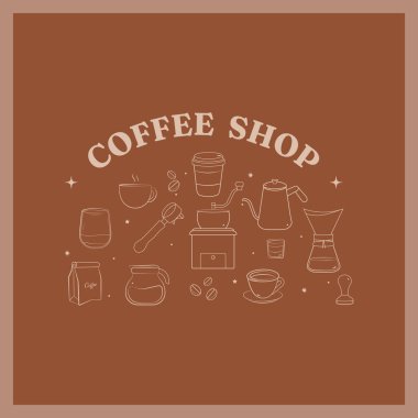 Kahve dükkanı afişi. Kahve makinesi, sıcak içecekler ve kahve çekirdeği özeti simgeleri kahverengi arka planda..