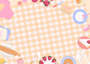 Fırın geçmişi. Sarı ekose masa örtüsü üzerinde kek ve fırın malzemeleri..