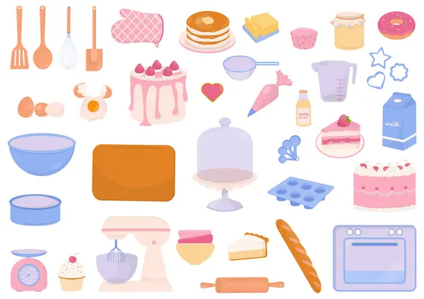 Conjunto Utensilios Para Hornear Ingredientes Panadería Elementos Diseño Pasteles Sobre Ilustración de stock