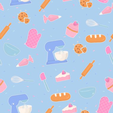 Bakery seamless pattern. Stand mixer, spatula, whisk, rolling pin, piping bag, oven mitt, bowl, and pastry bakery with sugar sprinkles on a blue background.