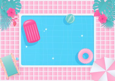 Yaz dönemi. Yaz tatilinde tropikal ağaçlar ve şişirilebilir halkayla en iyi yüzme havuzu.