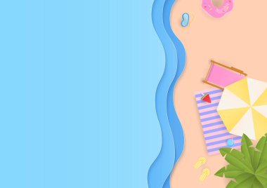 Yaz dönemi. Fotokopi alanı, plaj şemsiyesi, sandalye, sahilde hindistan cevizi ağacı olan deniz dalgaları. Kağıt kesim biçimi.