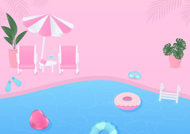Yaz dönemi. Sandalyeli yüzme havuzu sahnesi, plaj şemsiyesi, şişme yüzük ve pembe arka planda bir ağaç..