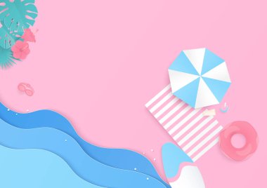 Yaz dönemi. Plaj şemsiyesi, piknik örtüsü, sörf tahtası ve pembe arka planda deniz dalgası olan yaz tatili manzarası..
