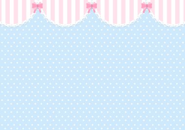 Güzel geçmiş. Beyaz paspas ve pembe şerit, mavi arkaplanda kurdele ve polka desenli süsleme..