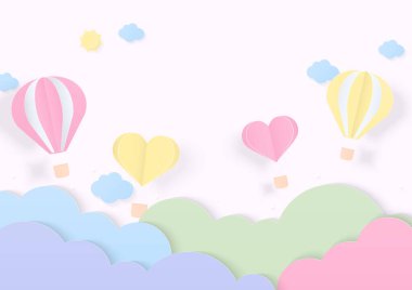 Pastel sıcak hava balonları ve bulutları gökyüzünde fotokopi uzayı ile uçuyor. Kağıt sanatı arka planı.