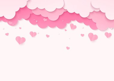 Sevgililer Günü ve aşk geçmişi. Açık pembe arka planda bir buluttan düşen kalp kağıdı. Kağıt sanatı tarzı.