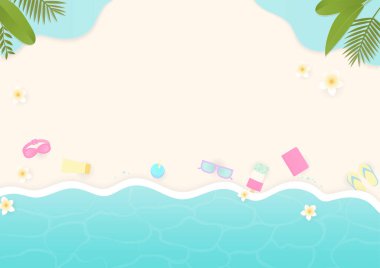 Yaz dönemi. Deniz dalgaları ve ağaçlarla kumsalda renkli yaz elementleri.