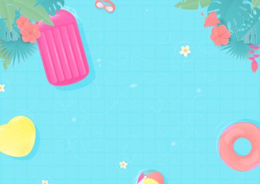 Yaz dönemi geçmişi. Renkli şişme yüzme halkası yüzme havuzunda yüzer tropikal bir ağaç ve çiçeklerle.