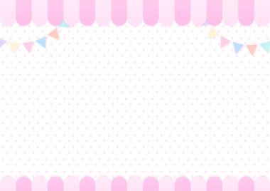 Tatlı pastane geçmişi. Pembe dükkan, yumuşak pembe benekli ve beyaz arkaplanlı pastel bir bayrak ile süslenmiş..