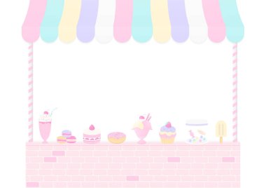 Pastane konsepti. Pastacı ve tatlı fırın beyaz arka planlı tuğla bir masanın üzerinde..