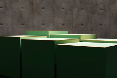 Yumuşak nane yeşili, altın kenarlı boyalı kutular. Ürün reklam pazarlama geçmişi. Aşamalı olarak çeşitli yükseklikler. Dar açı. 3B görüntüleme