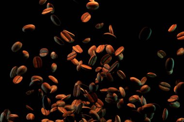 Havada uçuşan kahve çekirdekleri. 3B görüntüleme.