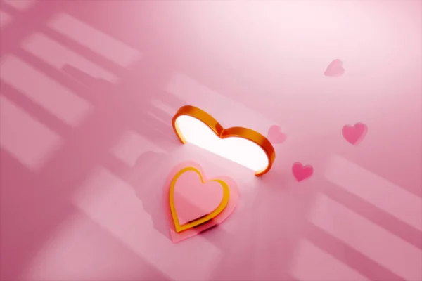 Valentine advertisement stages. Template for marketing. Pink and golden staged hearts. With copy space. With glare
