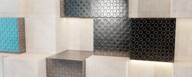 Metal ve beton blok ürünleri reklam aşaması. Yerleştirme için boş alan. Kırpma seçenekleri için geniş açılar.