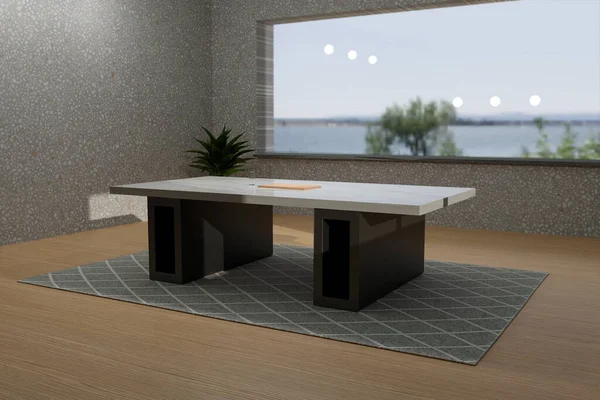 Ψηφιακά Δημιουργημένο Δωμάτιο Μαρμάρινο Τραπέζι Παράθυρο Ατενίζοντας Προς Νερό — Φωτογραφία Αρχείου