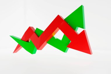 Ekonomi senaryosu. Yukarı ya da aşağı. Kırmızı durgunluk eğilimi yeşil genişleme okuna karşı. Beyaz arkaplan çekiminde 3B oluşturuldu.