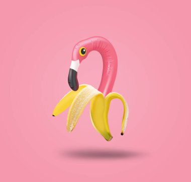 Çağdaş sanat kolajı flamingo ve pastel arka planda muz. Modern yemek konsepti. Uzayı kopyala Reklam ve pazarlama için fikir. Metin için yer.
