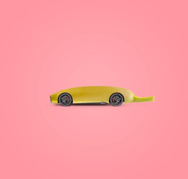 Çağdaş sanat kolajı. Muzdan yapılmış bir araba. Modern yemek konsepti. Mesaj için yer. Boşluğu kopyala.