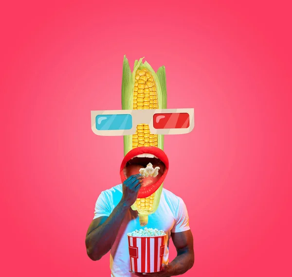 当代艺术拼贴 爆米花 玉米和电影 现代食品概念 — 图库照片