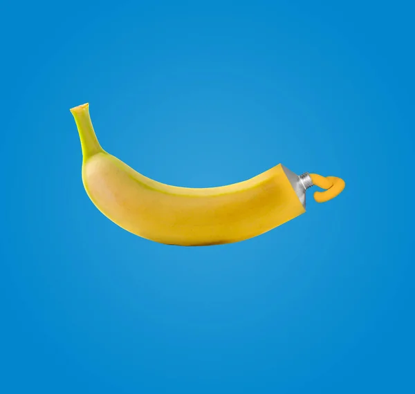Colagem Arte Contemporânea Uma Banana Tubo Tinta Amarela Foto Sobre — Fotografia de Stock