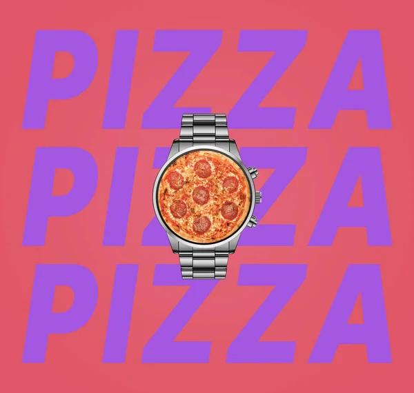 Contemporary art collage. Watch and pizza. Pizza time. Pizza day. Modern food concept. Graphics on a pink background. Top view.