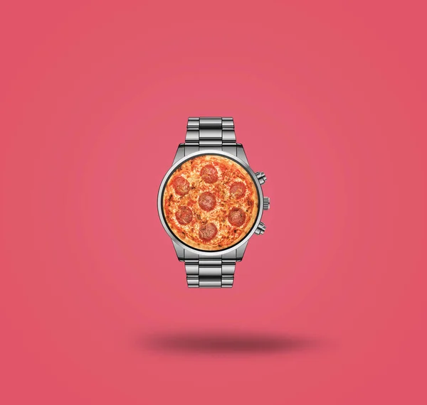 Collage Zeitgenössischer Kunst Uhren Und Pizza Pizzazeit Pizzatag Modernes Ernährungskonzept — Stockfoto