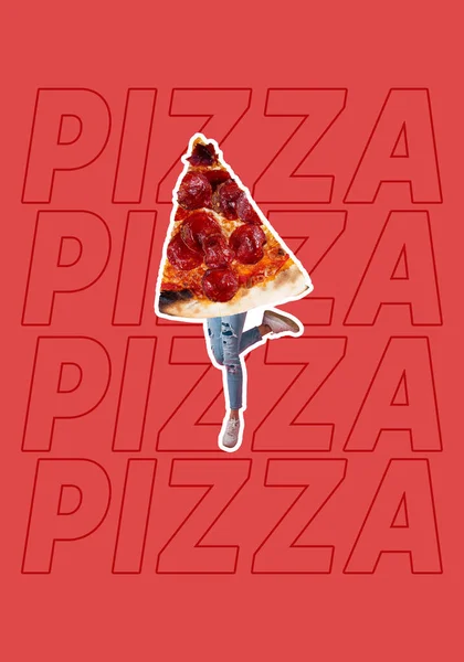 Fetta Pizza Salame Piccante Gambe Una Donna Danzante Collage Arte — Foto Stock