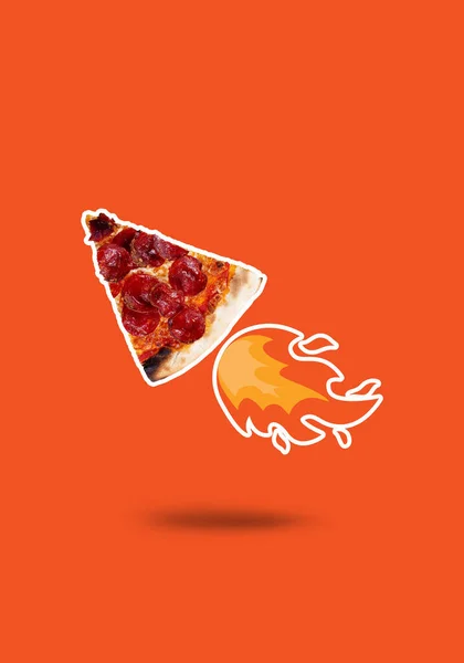 Eine Scheibe Salami Paprika Pizza Und Ein Feuer Collage Zeitgenössischer — Stockfoto