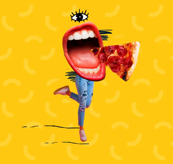Collage Moderner Kunst Beine Lippen Und Pizza Modernes Ernährungskonzept — Stockfoto