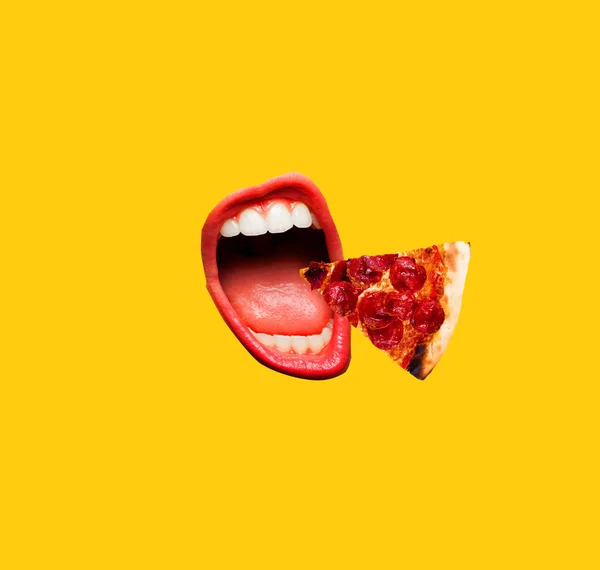 Współczesny Kolaż Sztuki Otwarte Usta Pizza Pepperoni — Zdjęcie stockowe