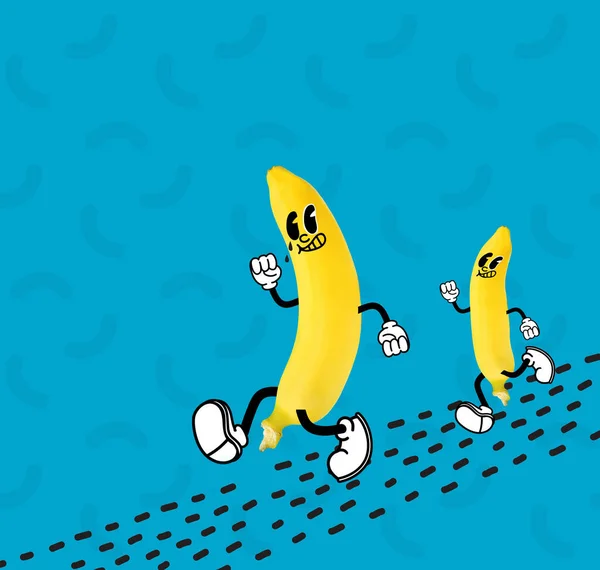 Modern Művészeti Kollázs Banánt Futtatok Grafikák Egy Nyáron Mennyei Háttérrel Jogdíjmentes Stock Fotók