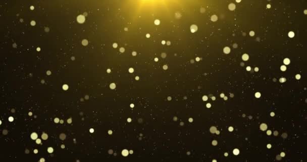 漂浮在空气中的微粒上的金色豪华软糖 灰尘和闪光的颗粒背景 黑色背景 使用混合模式屏幕 循环动画 — 图库视频影像