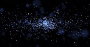 Havada yüzen geniş çaplı parçacıklar üzerinde mavi lüks bokeh. Toz ve parıldayan parçacıklar arka planda. Siyah arkaplan, karıştırma modu ekranı kullan. Döngü Canlandırması