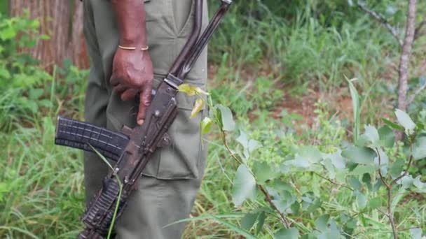 Gros Plan Garde Forestier Armé Fusil Moscou Afrique Images Haute — Video