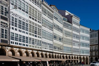 A Coruna, La Coruna. Galicia, Spain. February 2, 2023. View of the old gallery buildings facades