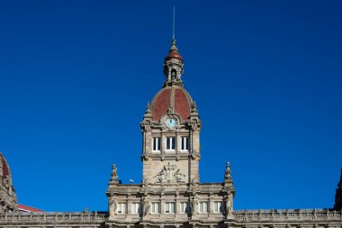 A Coruna, La Coruna. Galicia, Spain. February 2, 2023. View of Coruna City Hall, Ayuntamiento or Concello. Clock tower