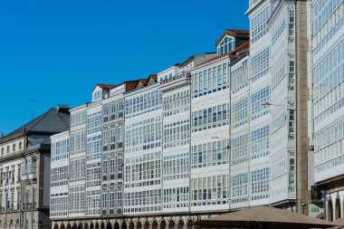 A Coruna, La Coruna. Galicia, Spain. February 2, 2023. View of the old gallery buildings facades