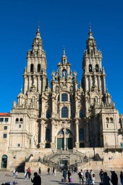 Santiago de Compostela, Galiçya. İspanya. 4 Şubat 2023. Santiago de Compostela Archthedral Bazilikası. Katedral, St. James, Camino de Santiago yolundaki bir hac yeridir.