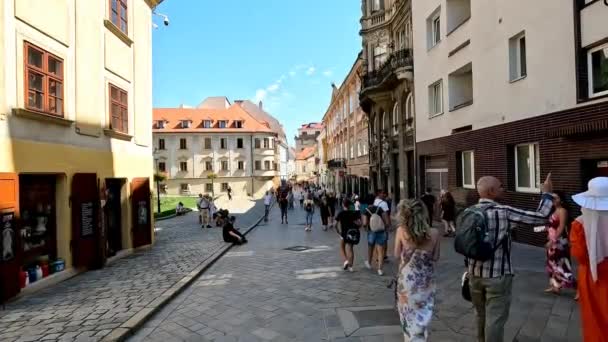 斯洛伐克布拉迪斯拉发 2023年8月14日在古城的人行横道上行走的人 — 图库视频影像