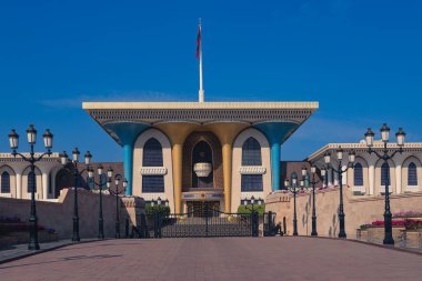 Muscat, Umman. 08 Şubat 2025. Al Alam Sarayı (Bayrak Sarayı), Umman Sultanı 'nın törensel sarayı.